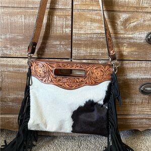 Brown and White Leather Fringe Bag